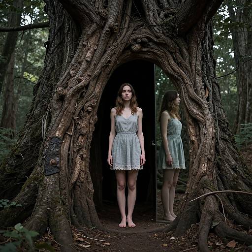 Photograph of a young woman with long brown hair in a light blue lace dress, standing barefoot in a dark, twisted tree doorway, with her