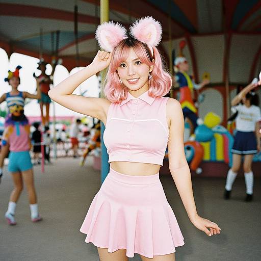 Photograph of a smiling Asian woman with pink hair, wearing a pink furry cat ear headband, white crop top, and pink skirt, posing in