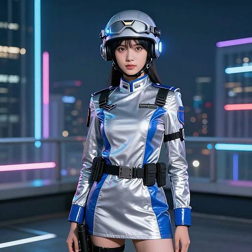 Photograph of an Asian woman in a futuristic silver and blue metallic outfit, black belt, and helmet, standing on a neon-lit rooftop at night