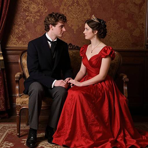 Photograph of a young couple in formal attire; he wears a black suit, she a red gown with a tiara, sitting on an ornate