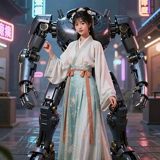 Digital art: Japanese woman in traditional white kimono and light blue hakama, standing in futuristic neon-lit alley, flanked by large, black