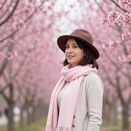 Woman in Fedora Among Cherry Blossoms
