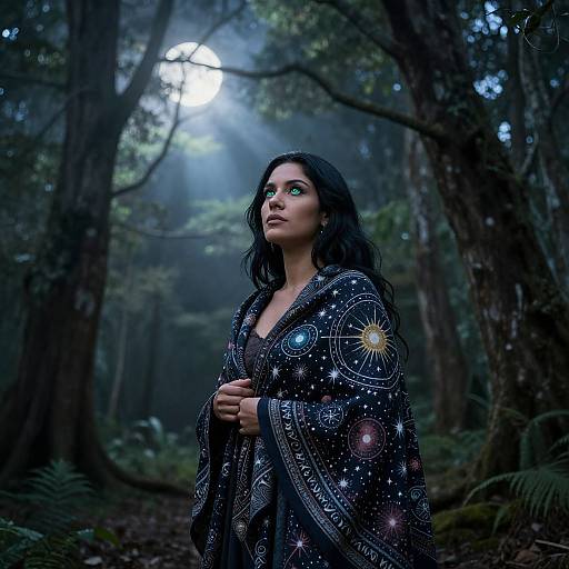 Photograph-style digital art of a dark-haired woman with glowing green eyes, wearing a star-patterned cloak, standing in a mystical, moonlit forest
