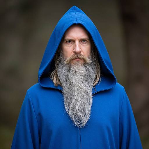 Photograph of a bearded man with a long white beard, wearing a vibrant blue hooded robe, against a blurred forest background.