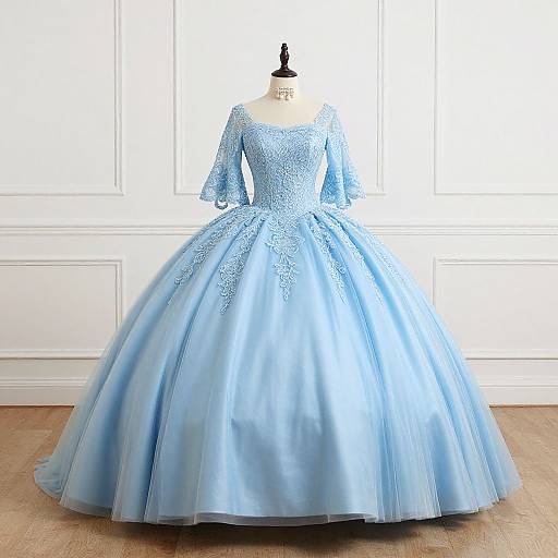 Photograph of a light blue, long-sleeved, full-skirted ball gown with intricate lace detailing, displayed on a black dress form in