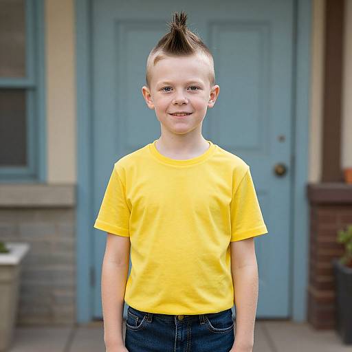 Photograph of a young boy with a tall, spiked mohawk, smiling, wearing a bright yellow t-shirt and blue jeans, standing in front of