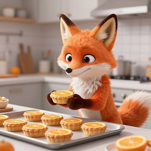 Photorealistic CGI of a cute, anthropomorphic red fox with large eyes and fluffy fur, holding a mini pie in a bright, modern kitchen,