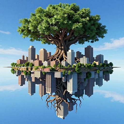 Digital art: giant tree with sprawling roots supports floating cityscape, reflecting on calm water, under clear blue sky. Urban nature fusion.