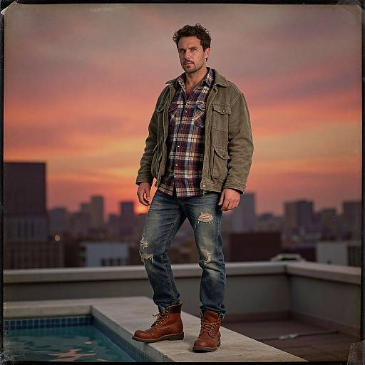 Photograph of a rugged, bearded man in plaid shirt, olive jacket, ripped jeans, and brown boots, standing on rooftop at sunset with