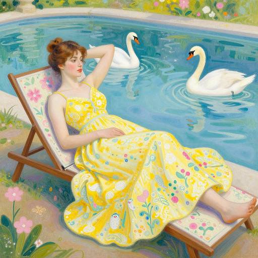 Digital painting of a fair-skinned woman in a yellow floral dress lounging by a serene pond, watching two white swans. Vibrant flowers and