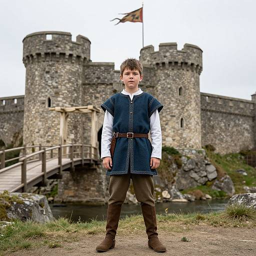 Photograph of a young boy in medieval attire standing before a stone castle with crenellated towers and a flag. Background includes a wooden bridge and