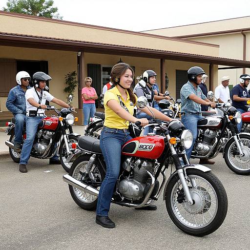 Photograph of a group of six motorcyclists, including a smiling Asian woman in a yellow shirt and jeans, standing with their red and black motorcycles