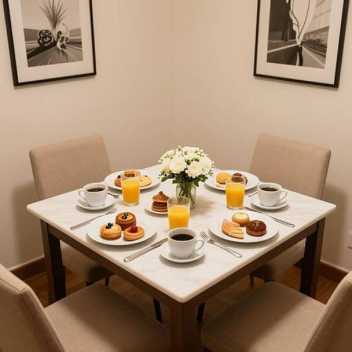 Photograph of a square white table set with six beige chairs, six plates of pastries, orange juice, white cups, and a flower vase,