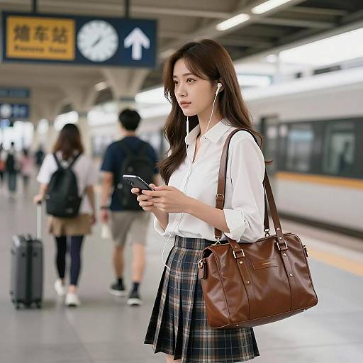 Asian Woman at Train Station with Smartphone
