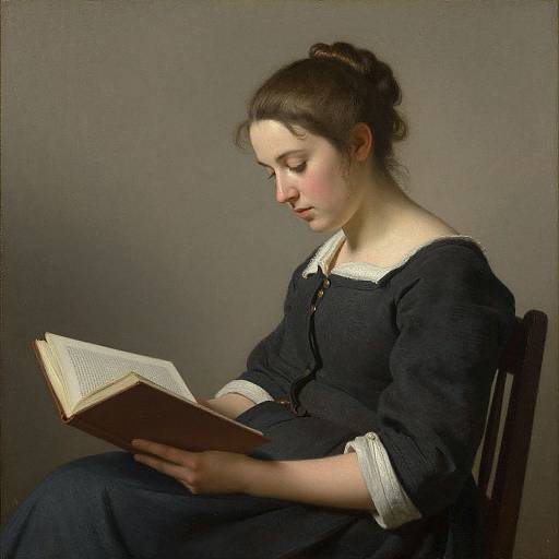 Classical portrait painting of a young woman with fair skin and dark hair in a bun, wearing a black dress with white cuffs, reading an open book