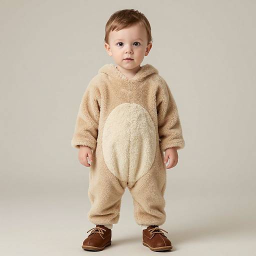 Photograph of a fair-skinned, brown-haired toddler in a beige, fuzzy onesie with a white belly patch, standing on a white background,