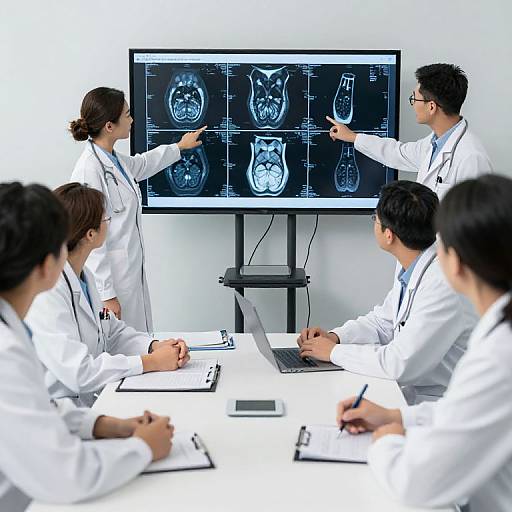 Photograph of five medical professionals in white coats, seated around a table, discussing ultrasound images displayed on a large monitor.