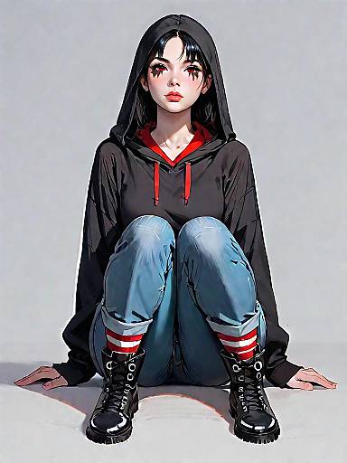 Woman in Casual Streetwear with Black Hooded Parka