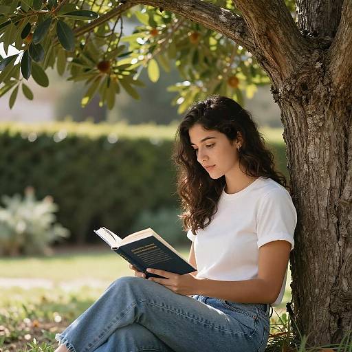 Photograph of a young woman with long, wavy brown hair, wearing a white t-shirt and blue jeans, reading a book while sitting against a