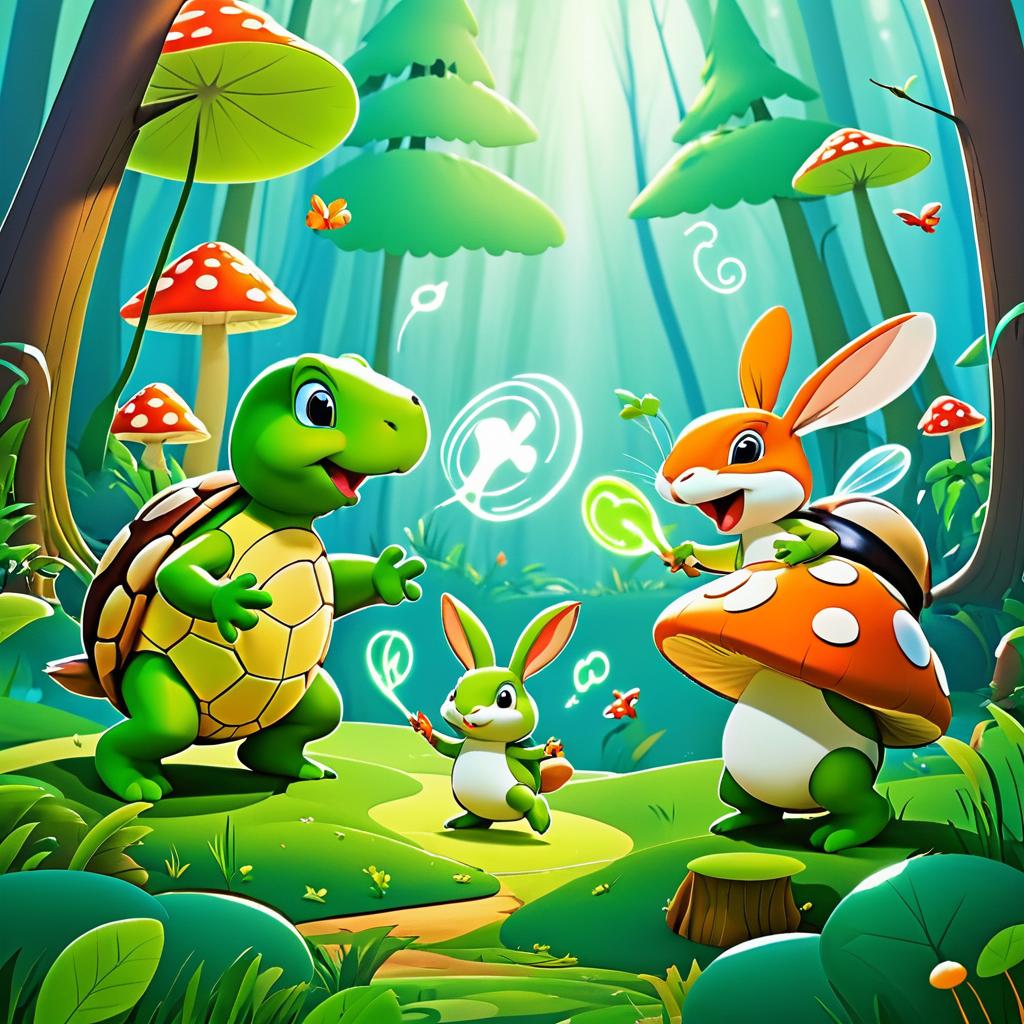 Playful Turtle and Rabbit Duel in Forest