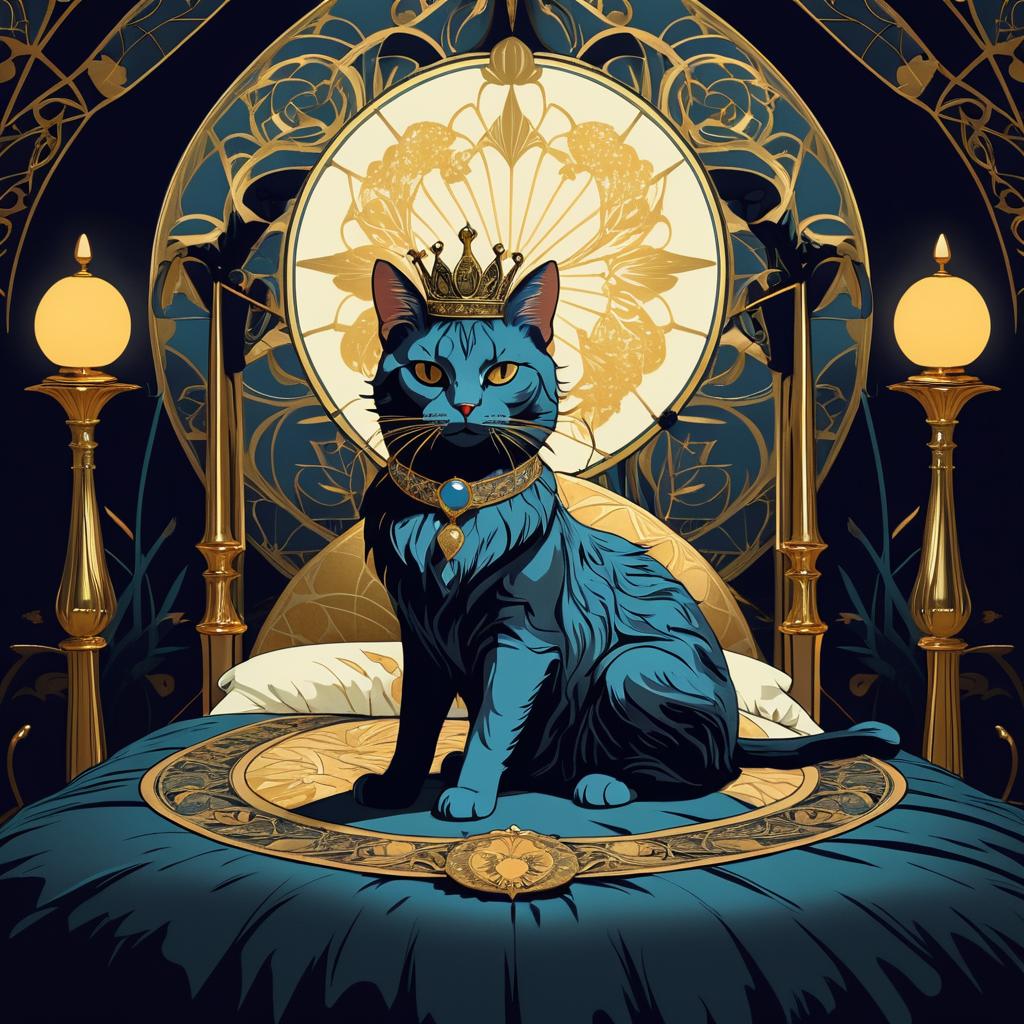 Surreal Cat Crown Art Nouveau Illustration