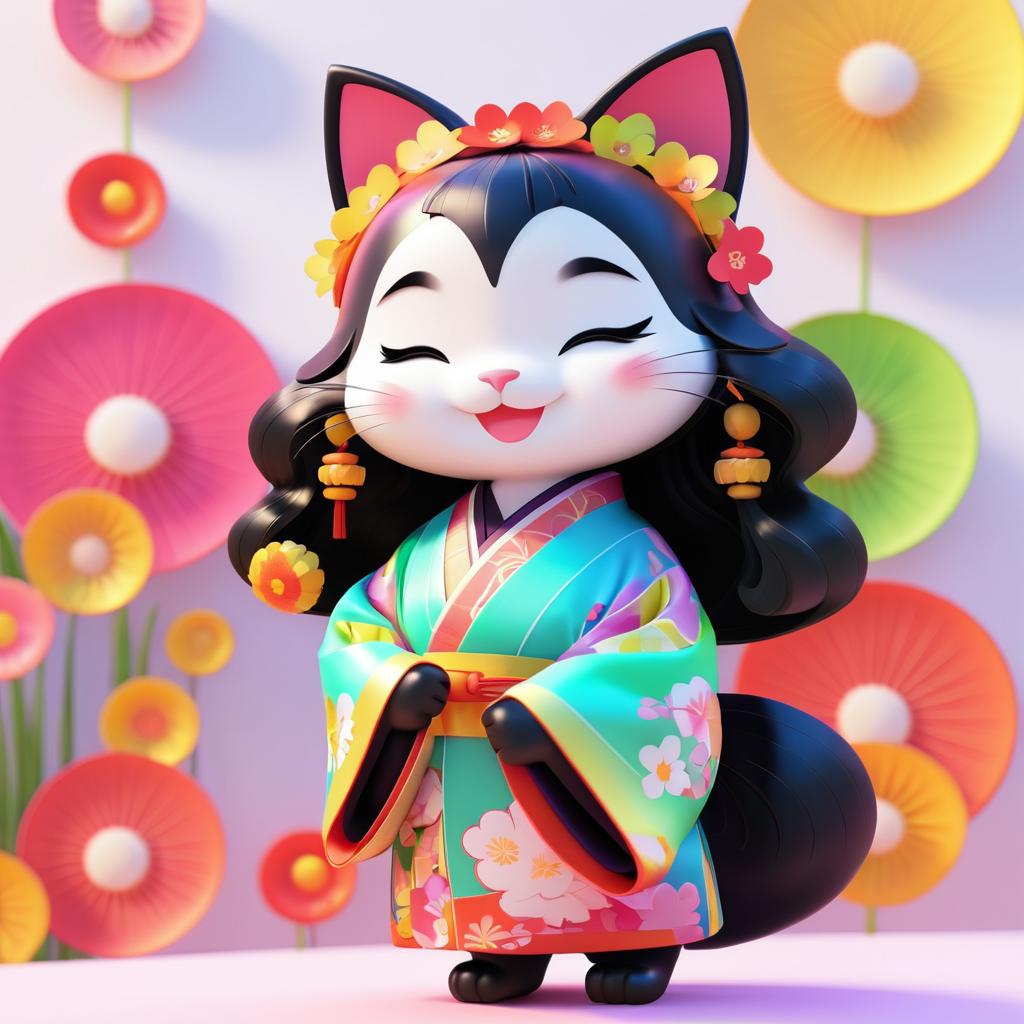 Adorable 3D Cat in Colorful Kimono