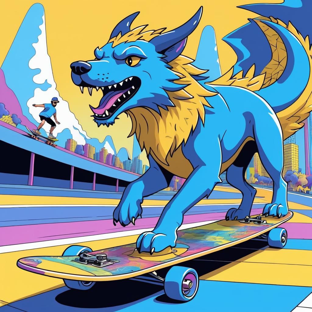 Skateboarding Dog and Giant Dragon Scene