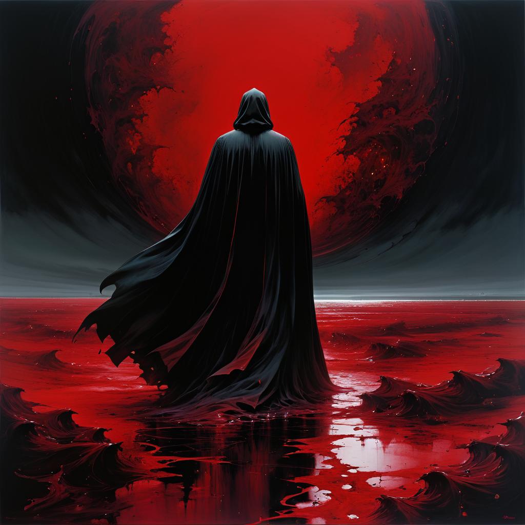 Haunting Cloaked Figure in Crimson Sea