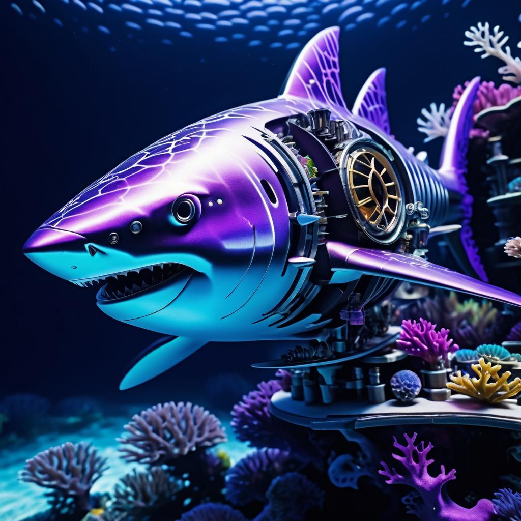 Mechanical Shark in a Vibrant Underwater World