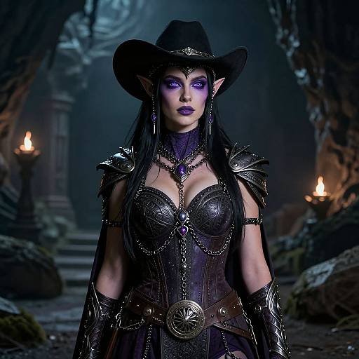 Digital fantasy artwork of a dark-haired, elf-like woman in black armor and hat, glowing purple eyes, standing in a dimly-lit, cave