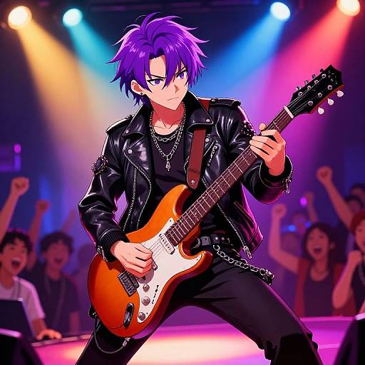 Anime-style digital drawing of a purple-haired rock musician with black leather jacket, playing a sunburst electric guitar on stage. Vibrant stage lights, cheering