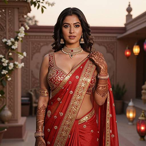 Photograph of an Indian woman with medium brown skin, wearing an ornate red and gold traditional saree, gold jewelry, and intricate henna designs