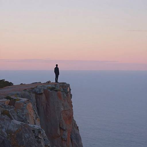 Photograph of a lone silhouetted person standing on a rocky cliff at sunset, overlooking a calm, vast ocean with a pastel pink and