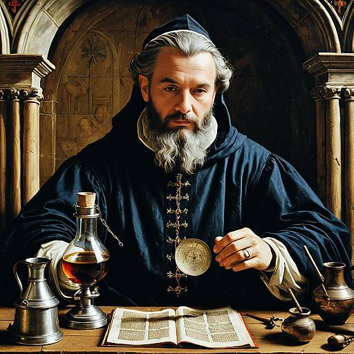 Renaissance Alchemist with Astrolabe and Book