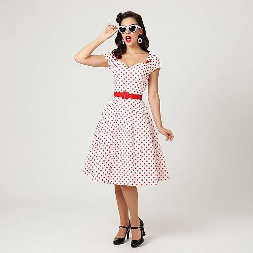 Photograph of a vintage-styled woman in a white polka dot dress, red belt, black heels, white sunglasses, and red lipstick.