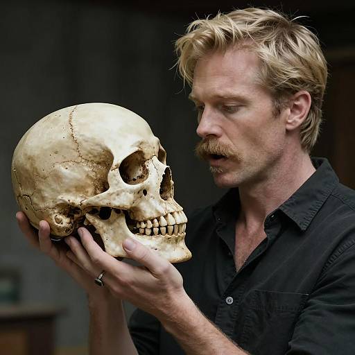 Intense Man Holding a Weathered Skull