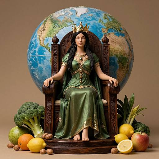 Photograph of a regal Asian woman with long black hair, green dress, and gold crown, sitting on a wooden throne with a globe behind her