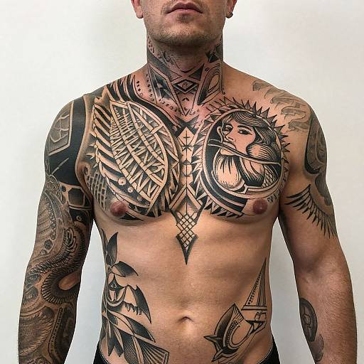 Photograph of a muscular, shirtless man with extensive black tribal tattoos covering his chest, arms, and neck, against a plain white background.