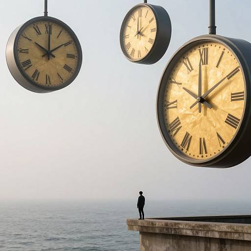 Photograph of three oversized, glowing clocks hanging above a serene ocean, with a small silhouetted figure standing on a concrete pier.