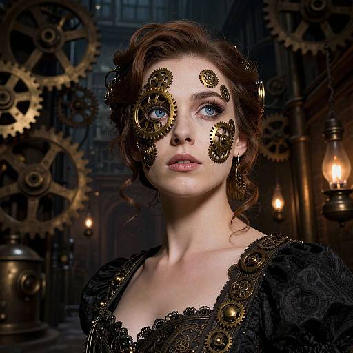 Steampunk photograph of a fair-skinned woman with blue eyes, wearing black lace with brass gears on her face, in a dimly lit,