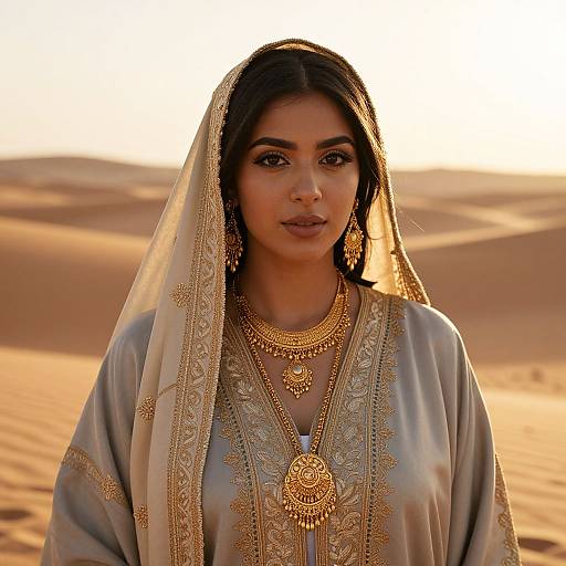 Photograph of a beautiful South Asian woman with dark hair, wearing an ornate gold-trimmed traditional outfit and veil, standing in a golden desert