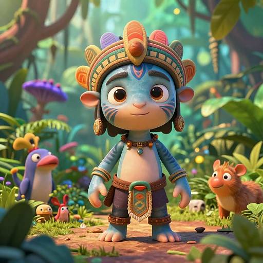 CGI image of a cute, blue-skinned, tribal-dressed cartoon character with large eyes and colorful headdress, standing in a vibrant, jungle