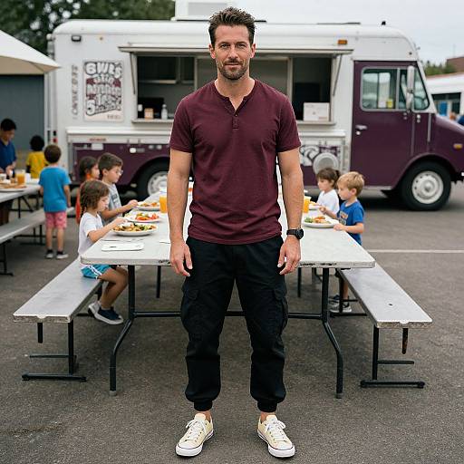 Photograph of a bearded man in a maroon polo and black pants, standing in front of a food truck and picnic tables with children eating.