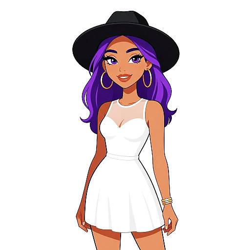 Digital anime-style drawing of a smiling woman with purple hair, wearing a black hat, white sleeveless dress, large hoop earrings, and gold bracelets,