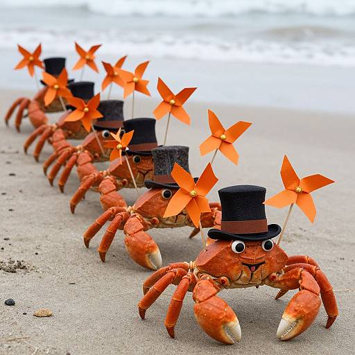 Photograph of five bright orange crabs on a sandy beach, each wearing a black top hat and sporting a red windmill fan.