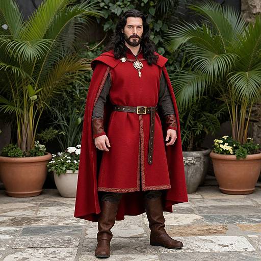 Photograph of a bearded man with long black hair, wearing a red medieval cloak, brown tunic, and boots, standing in a garden with