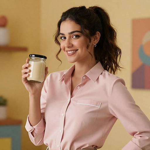 Confident Woman with Jar in Warm Lighting