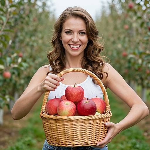 Photograph of a smiling, brown-haired woman with wavy hair, wearing a white tank top, holding a wicker basket full of red apples in