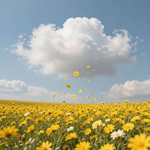 Photograph of a vibrant yellow daisy field under a bright blue sky with fluffy white clouds, with petals gently floating.