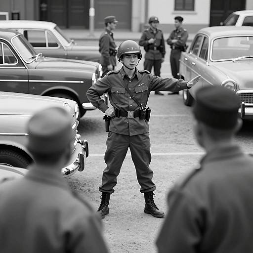 Vintage Street Scene with Soldier in Uniform